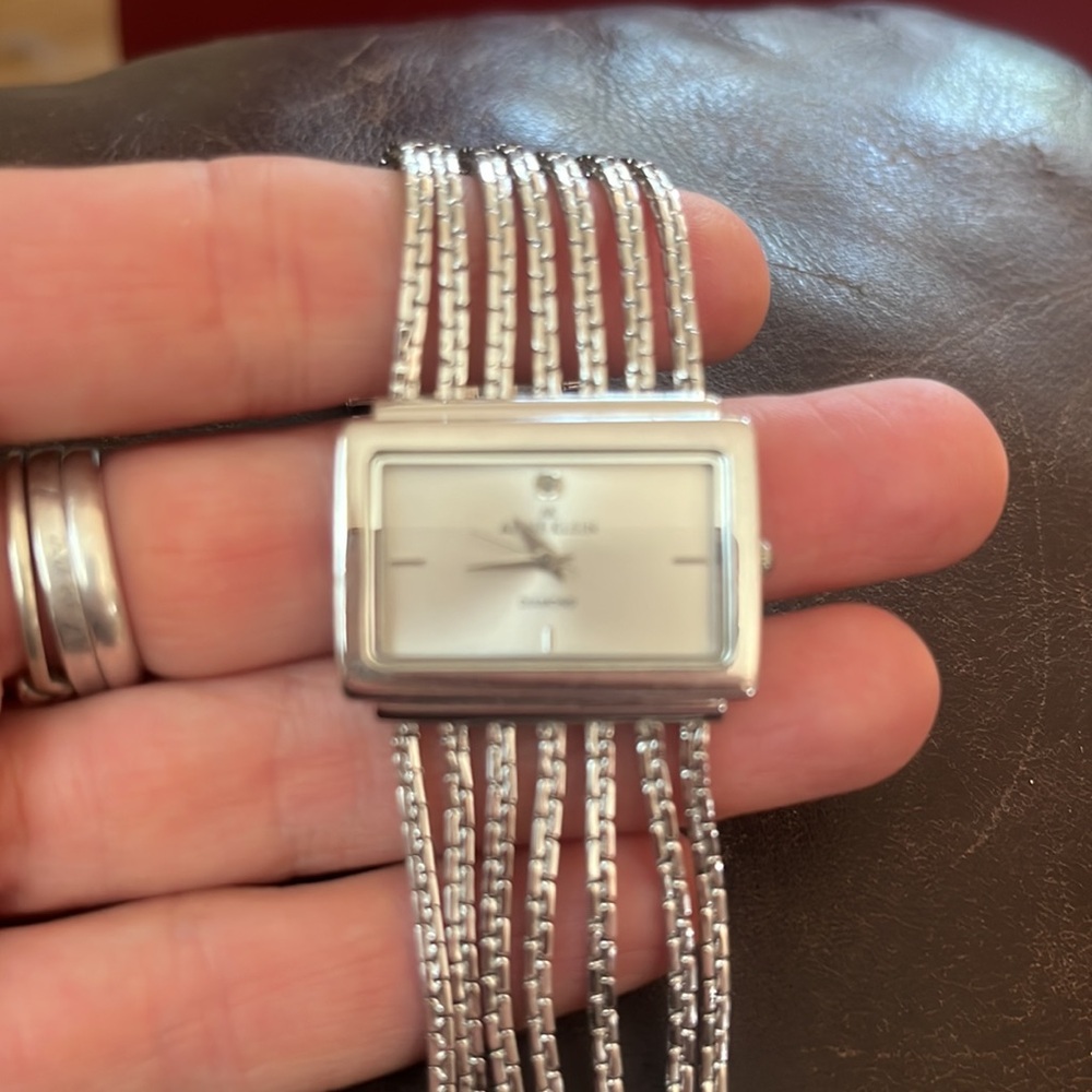 Anne Klein watch , silver, chain, white pearl face